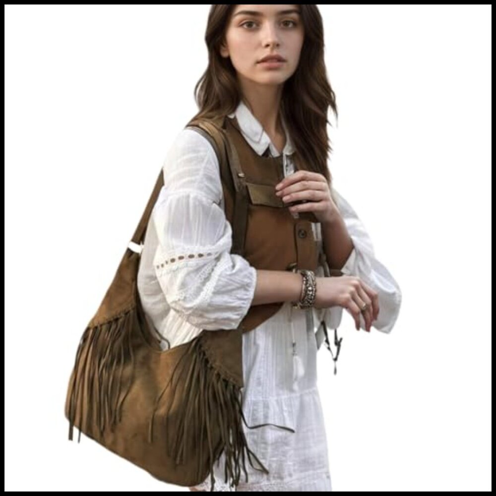 Brown Suede Hobo Purse Vintage Y2K Crossbody Shoulder Bag Fringe Tote - Picture 2 of 7